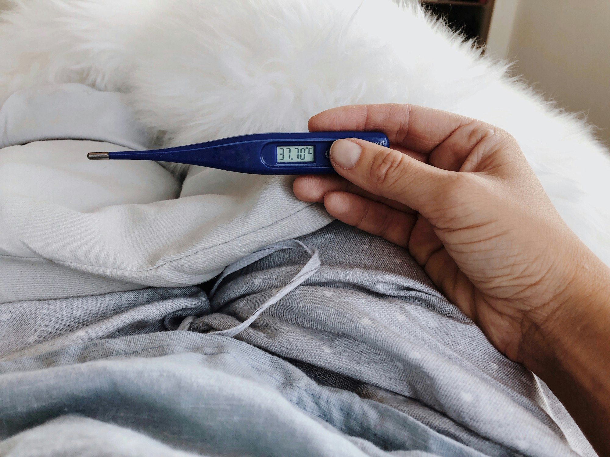 Woman in bed having fever holding fever scan